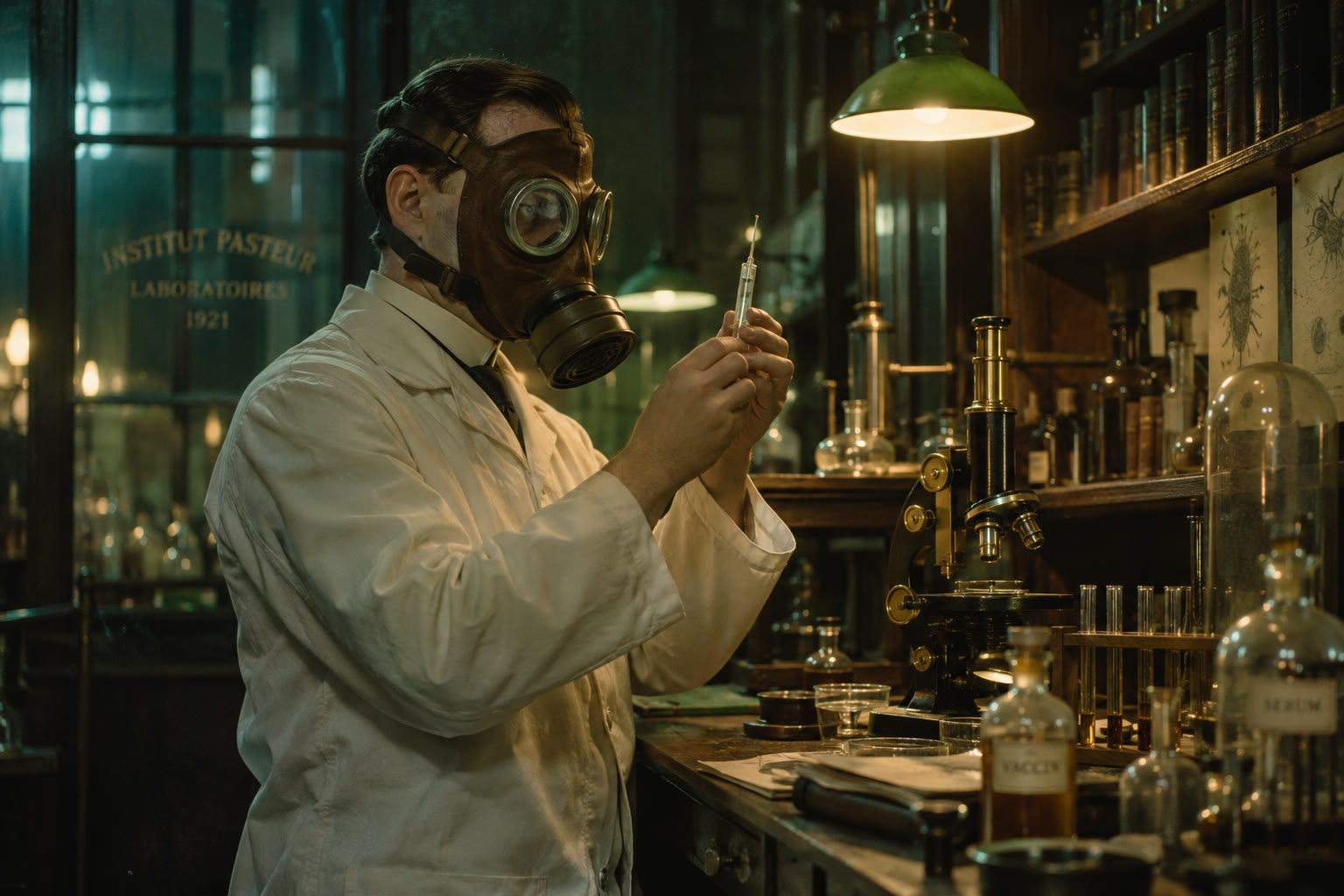 Un chimiste des années 1920 portant un masque à gaz et une seringue