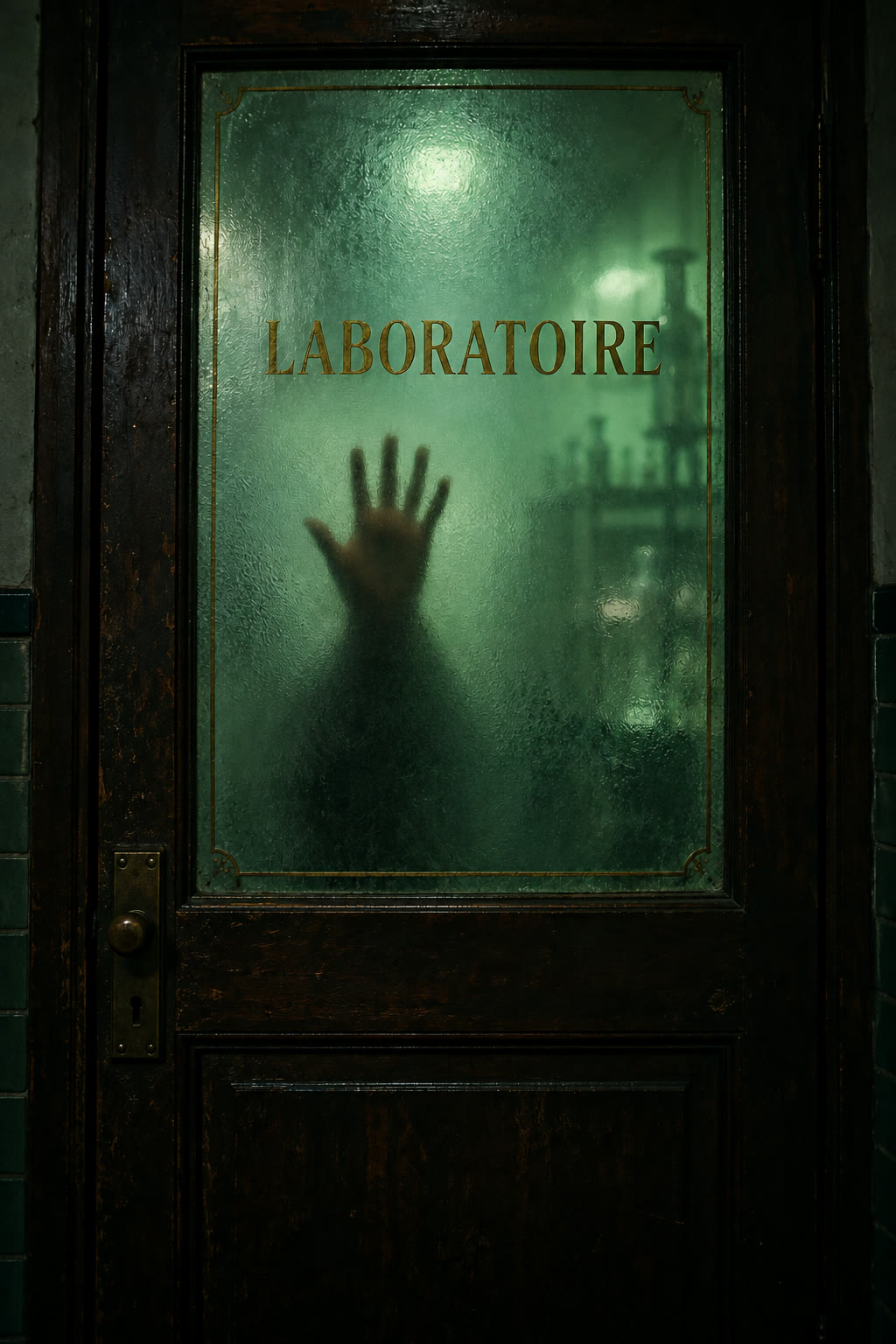 Porte de laboratoire avec une main plaquée derrière la vitre